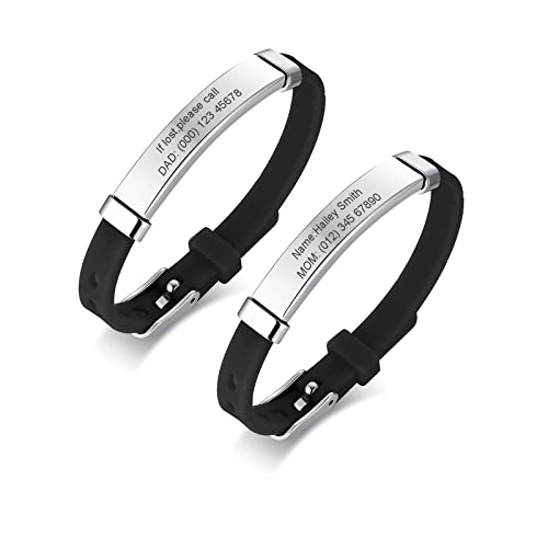 PJ JEWELLERY Packung mit 2 sortierten Farbe personalisierte Edelstahl weiches Silikon Kind Sicherheit ID Armbänder einstellbar Anti-Verlust ID Armbänder für Kind Mädchen Jungen von PJ JEWELLERY