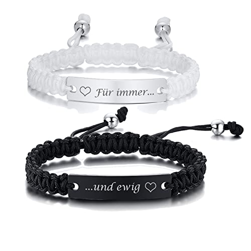 PJ JEWELLERY Partnerarmbänder Paar Armband Herren Damen - Weiß Schwarz Seil Geflochtenes Armbänder Gravur Für Immer Und Ewig Für Paar Freunde, Partner Pärchen Armband Geschenke Für Ihn Ihre von PJ JEWELLERY