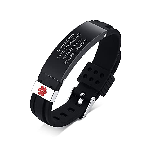 PJ JEWELLERY Personalisiert Silikon Sport Armband Edelstahl ID Platte medizinische Alarm Armbänder SOS Notfall Sport im Freien tägliches Armband für Herren Damen Teenager einstellbar von PJ JEWELLERY