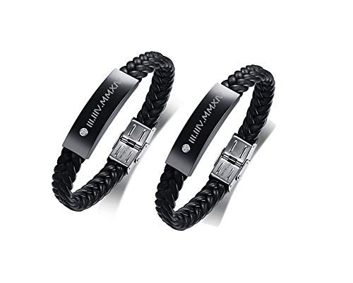 PJ JEWELLERY Personalisierte Schwarz Edelstahl ID Nachricht Geflochtene Lederarmbänder Schmuck für ihn, Benutzerdefinierte Männer Armband Für Paar, 2 stücke von PJ JEWELLERY