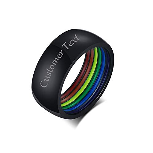 PJ JEWELLERY Personalisierter Edelstahl 8 mm Breite Polierter gewölbter Regenbogenstreifen-LGBT-Ring, Gay Pride Eheringe Bänder für Männer, klassischer Tagesring, Größe 57 (18.1), Schwarz von PJ JEWELLERY