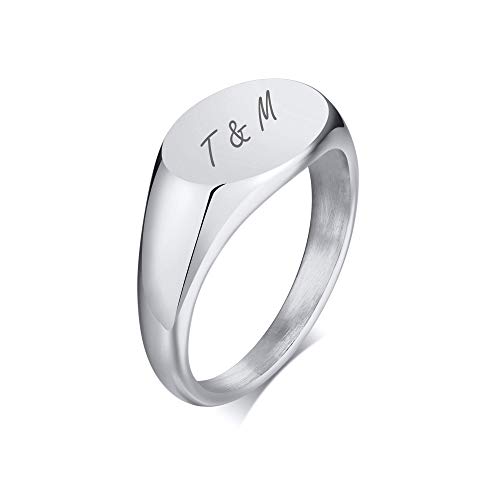 PJ JEWELLERY Silber Edelstahl zarte Oval/Herz Signet Ring für Frauen Mädchen stapelbar klobig Schichtung Ring Band Pinky Ring stilvolle Ring für Frauen, frei graviert, Größe N 1/2 von PJ JEWELLERY