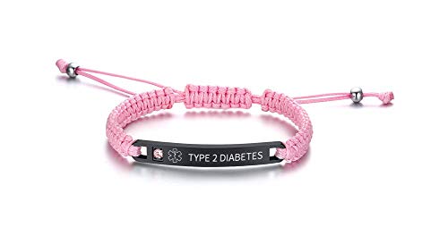 PJ JEWELLERY TYPE 2 DIABETES Handgemachte verstellbare geflochtene Seil Medical ID Armbänder Paracord Weaving Medical Alert Makramee ID Armbänder für Herren und Damen von PJ JEWELLERY