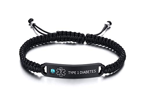 PJ JEWELLERY TYPE 1 DIABETES Handgemachte verstellbare geflochtene Seil Medical ID Armbänder Paracord Weaving Medical Alert Makramee ID Armbänder für Herren und Damen von PJ JEWELLERY