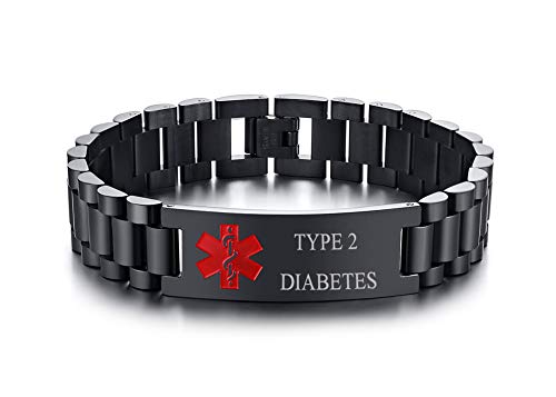 Notfallarmband Notfall Medizinisches Armband Herren - Gravieren Type 2 diabetes Medizinische Alarm ID Armbänder mit Verstellbares Edelstahl Personalisierte Allergie Diabetiker Armband für Männer von PJ JEWELLERY