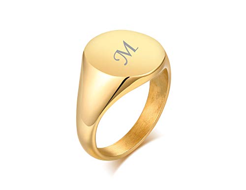 PJ JEWELLERY Unisex personalisierte Edelstahl Paar erste runde Siget Ring Ehering 18 Karat vergoldet benutzerdefinierte Siegel Ring für Frauen Valentinstag Geschenk 54 (17.2) von PJ JEWELLERY