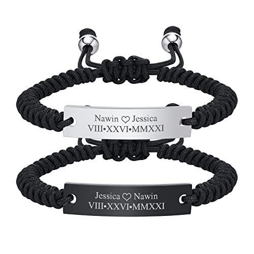 Personalisierte Partnerarmbänder Herren Damen Valentinstag - Individuelles Silber Schwarz Seil Geflochtenes Armband Eingravierter Namen Datum Id Für Paar Pärchen Armband Geschenk Für Geburtstag von PJ JEWELLERY