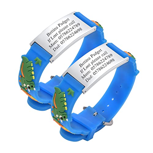 Personalisierte Sicherheitsarmband Kinder - 2 Stück Gravur Edelstahl Tag & Cartoon Silikonband Armband für Mädchen Jungen Kleinkind Individuelle Kinder Anti-Verlust Notfall Armband ID Armbänder Blau von PJ JEWELLERY