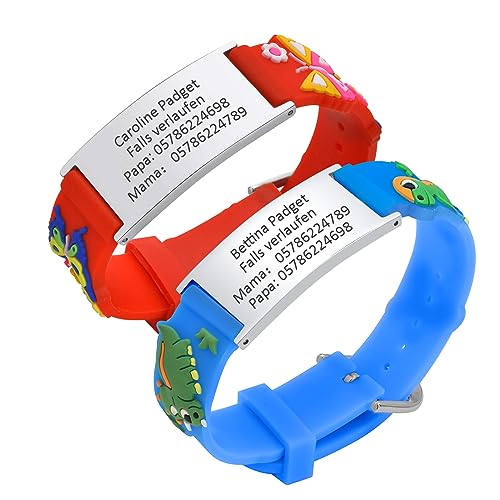 Personalisierte Sicherheitsarmband Kinder - 2 Stück Gravur Edelstahl Tag & Rot Blau Silikonband Armband Anti-Verlust Notfall Armband ID Armbänder mit Telefonnummer für Mädchen Jungen Kleinkind von PJ JEWELLERY