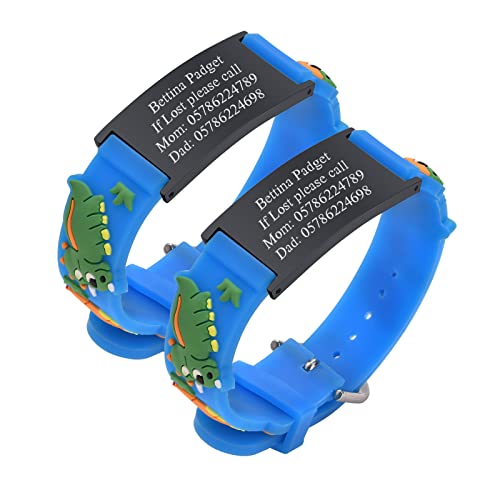 Personalisierte Sicherheitsarmband Kinder - 2 Stück Individuelle Edelstahl Tag & Cartoon Silikonband Armband für Mädchen Jungen Kleinkind Gravur Kinder Anti-Verlust Notfall Armband ID Armbänder Blau von PJ JEWELLERY