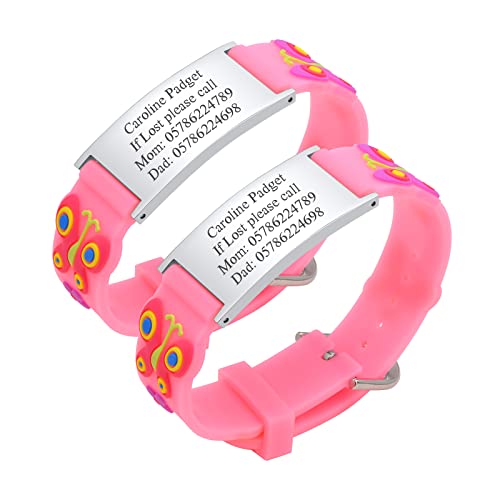 Personalisierte Sicherheitsarmband Kinder - 2 Stück Individuelle Edelstahl Tag & Cartoon Silikonband Armband für Mädchen Jungen Kleinkind Gravur Kinder Anti-Verlust Notfall Armband ID Armbänder Rosa von PJ JEWELLERY