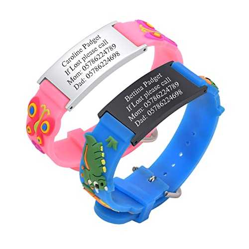 Personalisierte Sicherheitsarmband Kinder - 2 Stück Individuelle Edelstahl Tag & Rosa Blau Silikonband Armband für Mädchen Jungen Kleinkind Gravur Kinder Anti-Verlust Notfall Armband ID Armbänder von PJ JEWELLERY