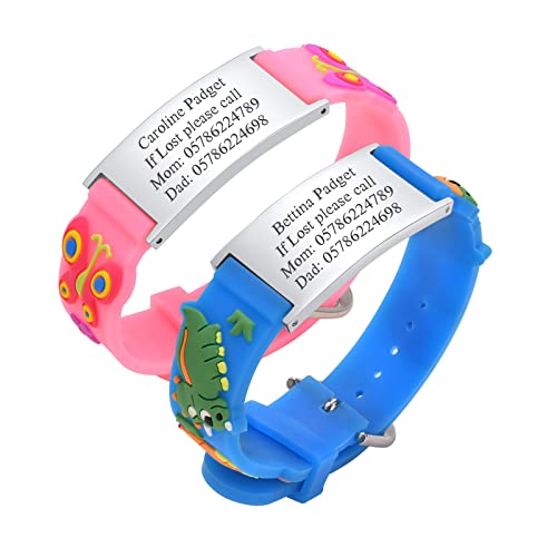 Personalisierte Sicherheitsarmband Kinder - 2 Stück Individuelle Edelstahl Tag & Rosa Blau Silikonband SOS Armband für Mädchen Jungen Kleinkind Gravur Kinder Anti-Verlust Notfall Armband ID Armbänder von PJ JEWELLERY