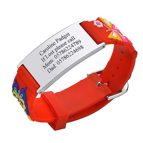 Personalisierte Sicherheitsarmband Kinder - 2 Stück Individuelle Edelstahl Tag & Rot Silikonband Armband für Mädchen Jungen Kleinkind Gravur Kinder Anti-Verlust Notfall Armband ID Armbänder von PJ JEWELLERY