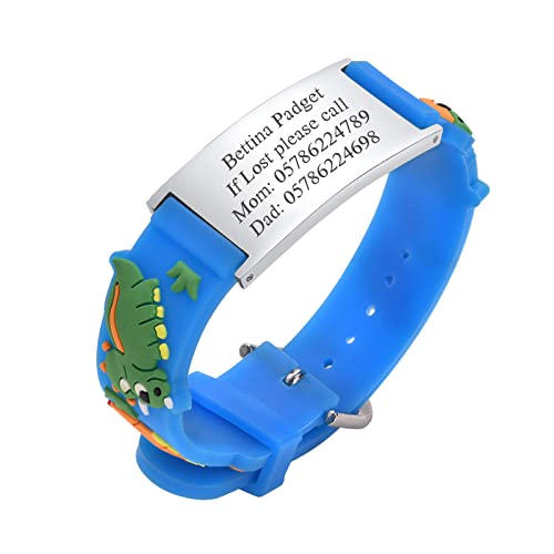 Personalisierte Sicherheitsarmband Kinder - Gravur Edelstahl Tag & Cartoon Silikonband SOS Armband für Mädchen Jungen Kleinkind Individuelle Kinder Anti-Verlust Notfall Armband ID Armbänder, Blau von PJ JEWELLERY