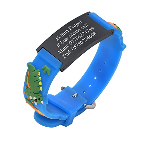 Personalisierte Sicherheitsarmband Kinder - Individuelle Edelstahl Tag & Cartoon Silikonband SOS Armband für Mädchen Jungen Kleinkind Gravur Kinder Anti-Verlust Notfall Armband ID Armbänder, Blau von PJ JEWELLERY