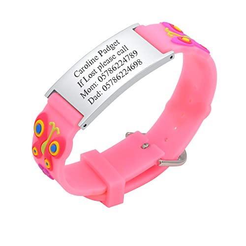 Personalisierte Sicherheitsarmband Kinder - Individuelle Edelstahl Tag & Cartoon Silikonband SOS Armband für Mädchen Jungen Kleinkind Gravur Kinder Anti-Verlust Notfall Armband ID Armbänder, Rosa von PJ JEWELLERY