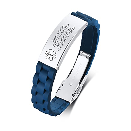 PJ JEWELLERY Personalisierte Silikon Sport Armband Notfall ID Armbänder für Herren Teens Jungen, medizinische ID SOS im Freien täglich Armband einstellbar, Schwarz/Grau/Blau von PJ JEWELLERY