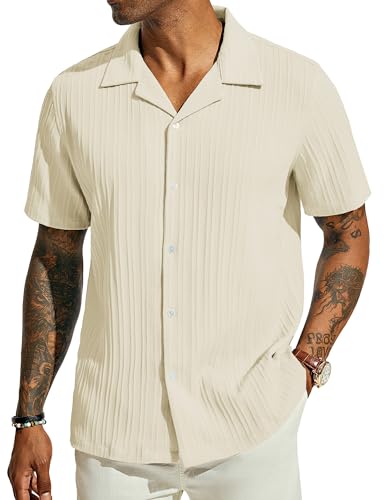 Guayabera Hemd Herren Kurzarm Freizeithemd Leichtes Sommerhemd Cuban Shirt Beige L 552-6 von PJ PAUL JONES