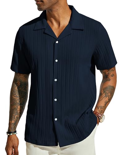 Guayabera Hemd Herren Kurzarm Freizeithemd Leichtes Sommerhemd Cuban Shirt Dunkelblau S 552-3 von PJ PAUL JONES