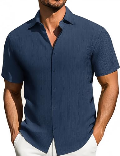 Herren Kurzarmhemd Freizeit Hemd Button-Down Shirt Hawaiihemd Regular Fit Freizeithemd Sommer Urlaub Strandhemd, Marineblau, XXL von PJ PAUL JONES
