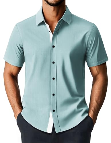 Hemd Herren Freizeithemden Sommer Kurzarm Männer Freizeit Regular Fit Businesshemd Hochzeit Hemden Strand Faltenfrei Urlaub Kurzarm Casual Shirt (Blau, L) von PJ PAUL JONES