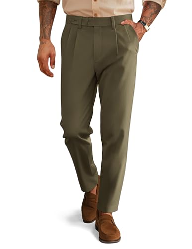 Herren Arbeit Pants Dressy Tapered Vintage Casual Pleated Hosen Comfort Extended Waist Slant mit Taschen Olivgrün L von PJ PAUL JONES