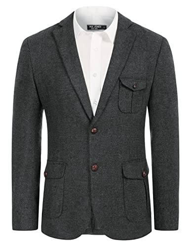 Herren-Blazer, Vintage-Stil, Fischgrätenmuster, Tweed, Britische Wollmischung mit Tasche, dunkelgrau, L von PJ PAUL JONES