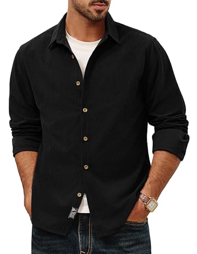 Herren Hemd Cord Button Down Shirts Langarm Normale Passform Kordelhemd Schwarz XXL von PJ PAUL JONES