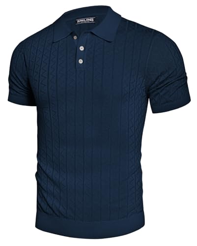 Herren Kläppchenkragen Shirts Hohle Textur Kurzarm Lässiger T-Shirt Hemd Dunkelblau 2XL von PJ PAUL JONES