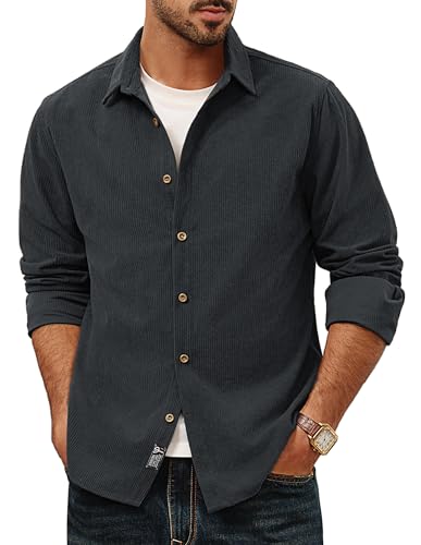 Herren Langarm Hemd Cord Button Down Freizeithemd Normale Passform Shirts Dunkelgrau XXL von PJ PAUL JONES