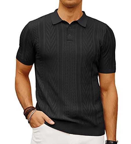 Herren-Poloshirt, gestrickt, kurzärmlig, gestrickt, Textur, Shirt, Herren, Stricken, Golf-T-Shirts, Schwarz, Mittel von PJ PAUL JONES