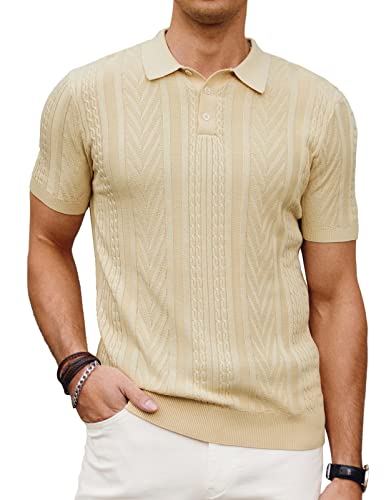 Herren-Poloshirt mit Struktur, kurzärmelig, Reverskragen, gestrickt, Pullover, Beige, L von PJ PAUL JONES