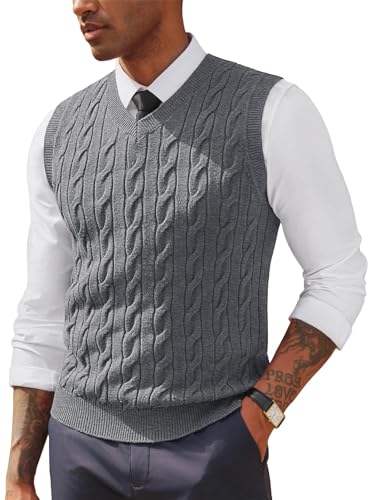 Herren Textured Sweater Vest V Neck Sleeveless Knitted Pullover Silbergrau L von PJ PAUL JONES
