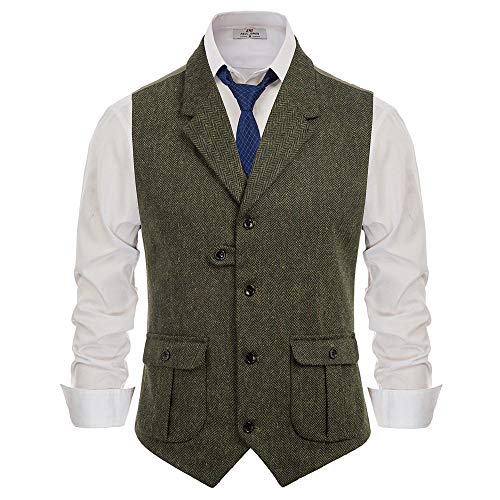 PJ PAUL JONES Herren-Weste, Fischgrätenmuster, Tweed-Wollmischung, schmale Passform, B-army grün, Large von PJ PAUL JONES