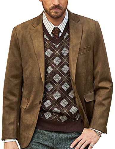 Herren Wildleder Leder Blazer Jacke Casual 2 Knöpfe Sport Blazer Mantel mit Taschen, Coffee, L von PJ PAUL JONES