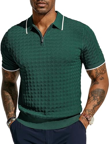 Lässiger Polo Shirts Männer Sommer Strick Tshirt mit halber Reißverschluss Pullover Dunkelgrün M von PJ PAUL JONES