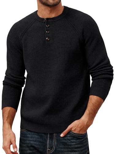 Langarm Herren Oberteil Henley Ausschnitt Waffelmuster Pullover Zum Überziehen Casual Style Schwarz XL von PJ PAUL JONES
