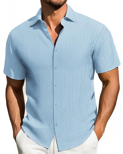 Männer Kurzarm Hemd Strukturiert Casual Shirt Button Down Regular Fit Sommer Business Hemd Strand Hemden, Hellblau, L von PJ PAUL JONES