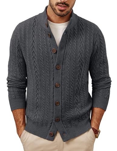 PJ PAUL JONES Cardigan Herren Stehkragen Grobstrick Winter Pullover Button Down mit Zopfmuster Dunkelgrau M von PJ PAUL JONES