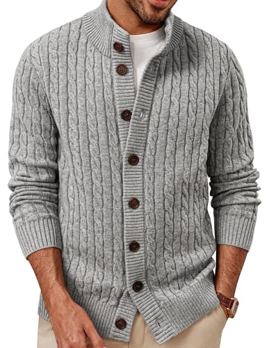 PJ PAUL JONES Cardigan Herren Stehkragen Strickjacken Winter Pullover mit Zopfmuster Knöpfe Grau S von PJ PAUL JONES