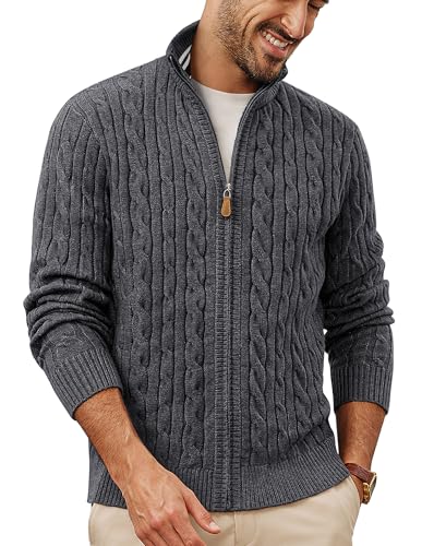 PJ PAUL JONES Cardigan Herren Strickjacke mit Reissverschluss Stehkragen Pullover Zopfmuster Dunkelgrau M von PJ PAUL JONES