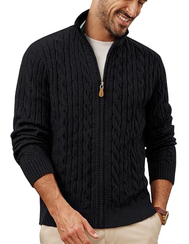 PJ PAUL JONES Cardigan Herren mit Reissverschluss Stehkragen Strickjacke Zopfmuster Schwarz XL von PJ PAUL JONES