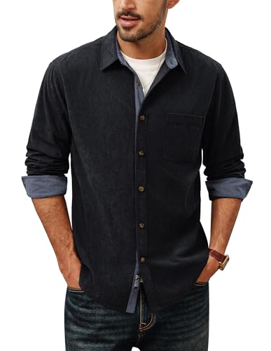 PJ PAUL JONES Flanellhemd Herren Button Down Langarm Cord Hemd Schwarz L von PJ PAUL JONES