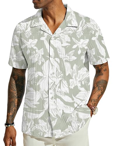 PJ PAUL JONES Hawaii Hemd Männer Kurzarm Leichtes Sommerhemd Casual Hemd Button Down Hellgrün-Weiß XXL von PJ PAUL JONES