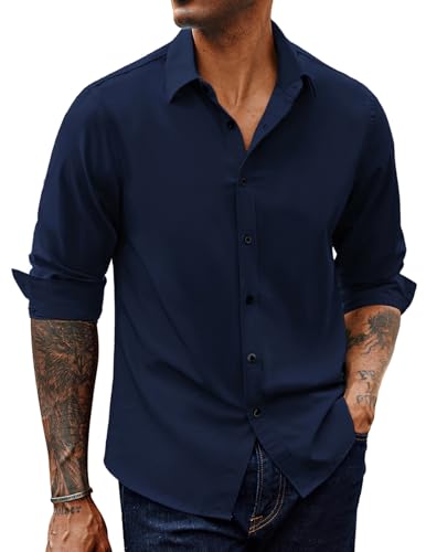 PJ PAUL JONES Hemd Herren Stretch Langarm Freizeithemden Slim Fit Bügelfrei Businesshemden (Marineblau, 2XL) von PJ PAUL JONES