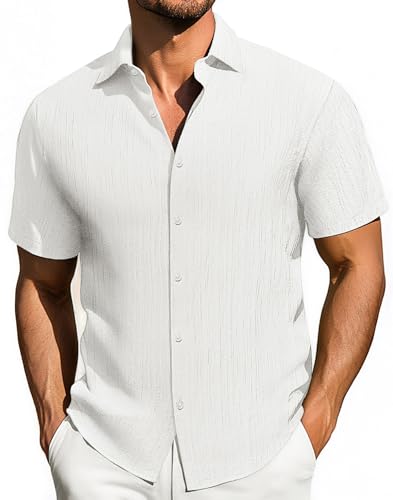 PJ PAUL JONES Hemd Kurzarm Männer Kurzarmherren Klassischer Button-Down Freizeithemd Sommer Strandhemd Regular Fit Hemden, Weiß, L von PJ PAUL JONES