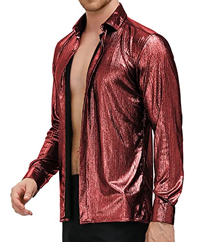 PJ PAUL JONES Herren 70er Jahre Disco Hemden Luxus Metallic Pailletten Button Down Langarm Party Hemd Nachtclub Kostüm Tops, Burgunder, Medium von PJ PAUL JONES