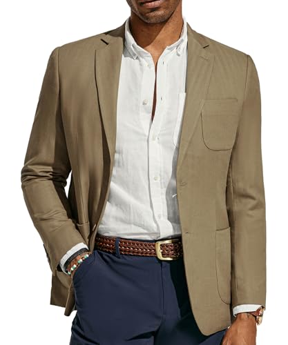 PJ PAUL JONES Herren Blazer Jacke Slim Fit Zwei Knöpfe Casual Blazer Baumwolle Leinen Fischgrätenmuster Sportmäntel, Helles Braun, XL von PJ PAUL JONES
