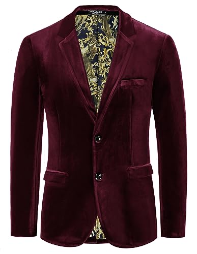 PJ PAUL JONES Herren-Blazer aus Samt, zwei Knöpfe, einfarbig, schmale Passform, Sportmantel für Abendessen, Abschlussball, Hochzeit, Schwarz Rot, M von PJ PAUL JONES